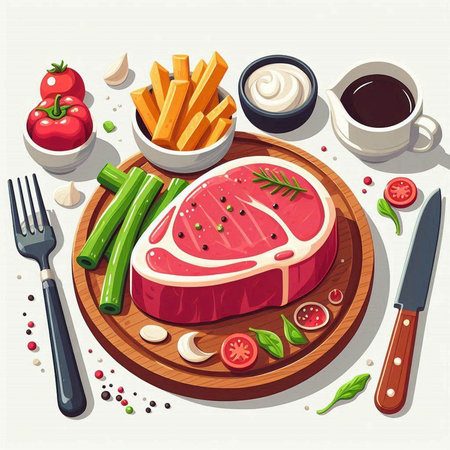 Steak with vegetables and sauce on a wooden board. Vector illustrationのイラスト素材