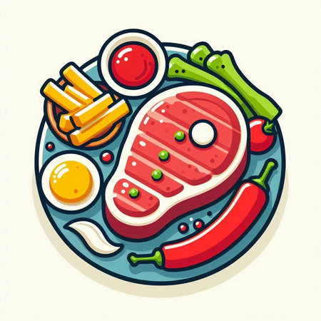 Steak on plate with vegetables and fried eggs. Vector illustration.のイラスト素材