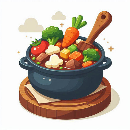 Vegetable stew in a pot. Isolated vector illustration on white background.のイラスト素材