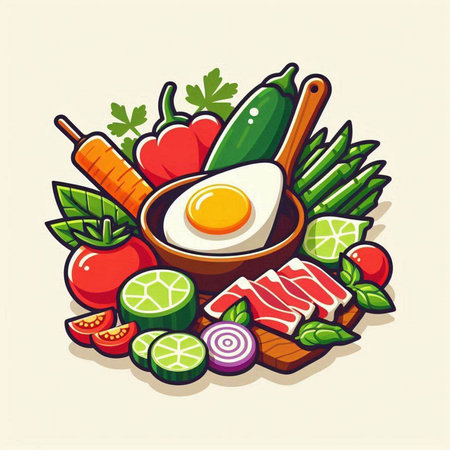 Vegetarian food. Vector illustration of fresh vegetables and eggs.のイラスト素材
