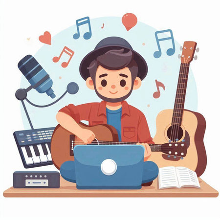 Man playing guitar, singing and playing musical instruments. Vector illustration.のイラスト素材