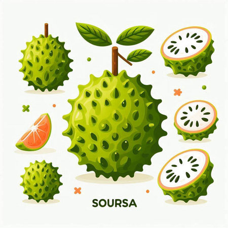 Soursop fruit icon set. Exotic tropical fruit. Vector illustration.のイラスト素材