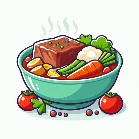 Illustration of a bowl of stewed beef with vegetables and spicesのイラスト素材
