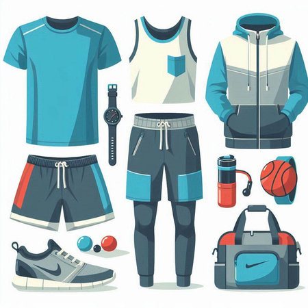 Set of sport clothing and accessories. Vector illustration in cartoon style.のイラスト素材