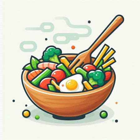 Bowl of noodle with shrimps and vegetables. Vector illustration.のイラスト素材
