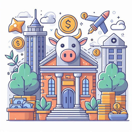 Vector illustration of bank building, piggy bank, coins and rocket.のイラスト素材
