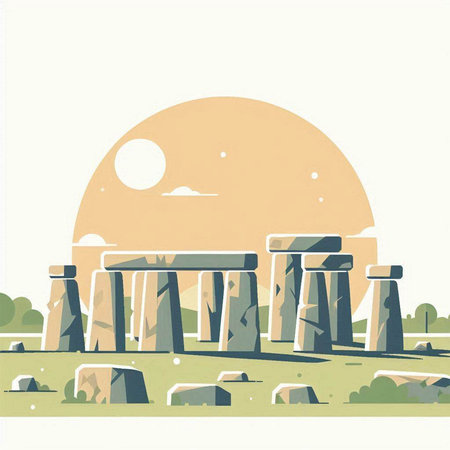 Stonehenge, engraving style vector illustration. Landscape with sunset in the background.のイラスト素材
