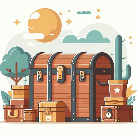 Treasure chest and cactus. Vector illustration in flat style.のイラスト素材