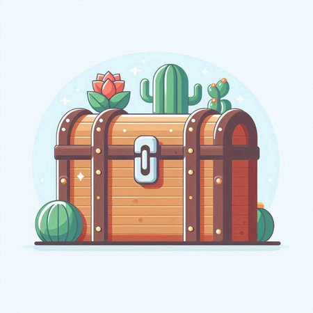 Wooden chest with cactus and watermelon. Vector illustration.のイラスト素材