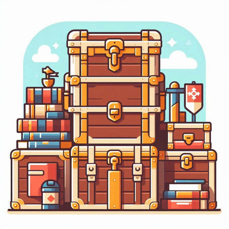 Vector illustration of a suitcase with a flying plane and a map pointerのイラスト素材