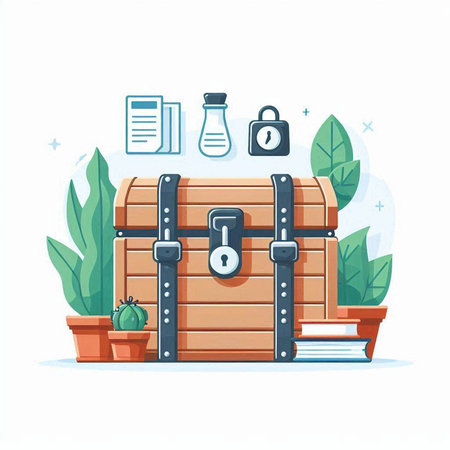 Vector illustration of a wooden chest with a lock, a magnifying glass, a cactus and a book.のイラスト素材