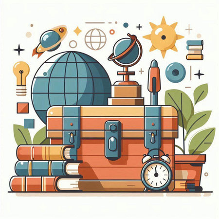 Vector illustration of travel concept with books, globe, telescope and compass.のイラスト素材