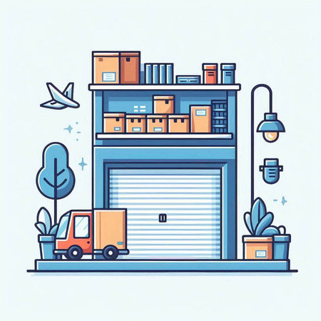 Vector illustration of a warehouse with boxes and a delivery truck on the background.のイラスト素材