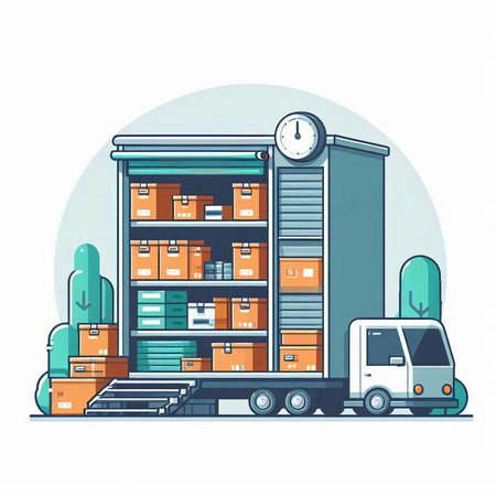 Warehouse with boxes and truck. Vector illustration in flat style.のイラスト素材