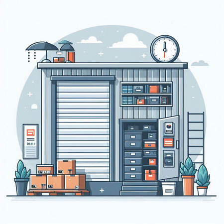 Logistics and delivery concept. Warehouse with cardboard boxes. Vector illustrationのイラスト素材
