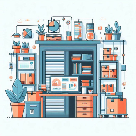 Vector illustration of home office with furniture and equipment in flat style.のイラスト素材