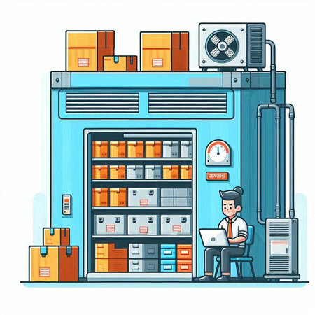 Warehouse worker with laptop and boxes. Vector illustration in cartoon styleのイラスト素材