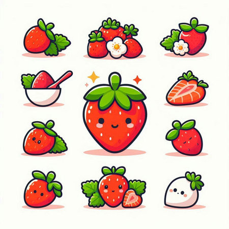 Strawberry fruit icon set in cartoon style. Vector illustration.のイラスト素材