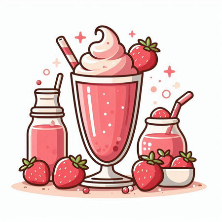 Strawberry milkshake in a glass with ice cream, vector illustrationのイラスト素材