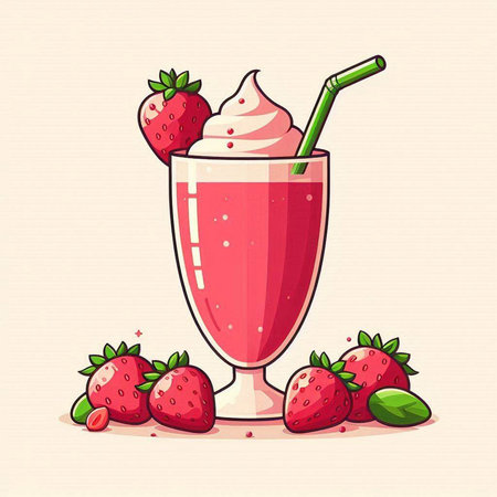 Strawberry milkshake with whipped cream and fresh berries. Vector illustration.のイラスト素材