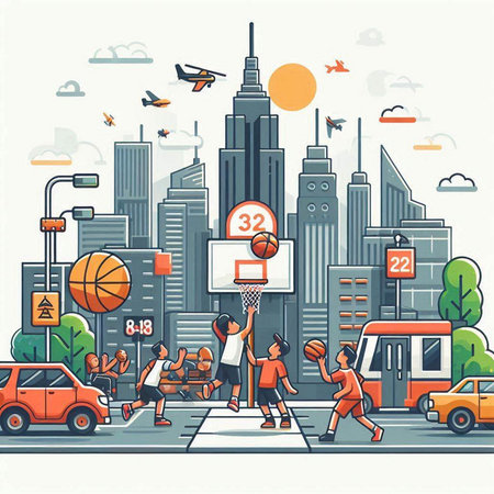 People playing basketball on the street in New York City. Vector illustrationのイラスト素材