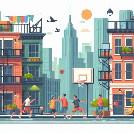 People playing basketball in the city. Vector illustration in flat style.のイラスト素材