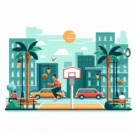 Street basketball court. Vector illustration in flat cartoon style on city background.のイラスト素材