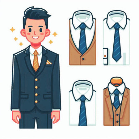 Set of business elements. Suit, tie, briefcase, glasses, watch, pen, notepad, watch. Vector illustrationのイラスト素材