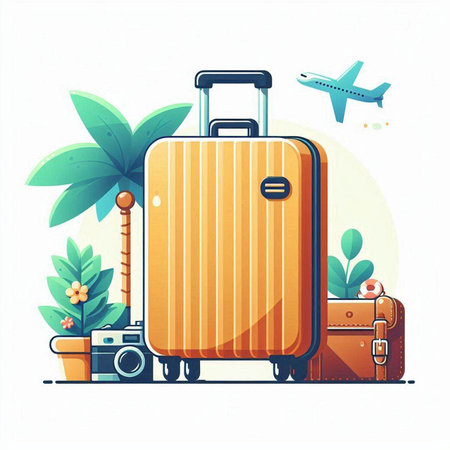 Vector illustration of travel suitcase with palm trees, camera and airplane on white background.のイラスト素材