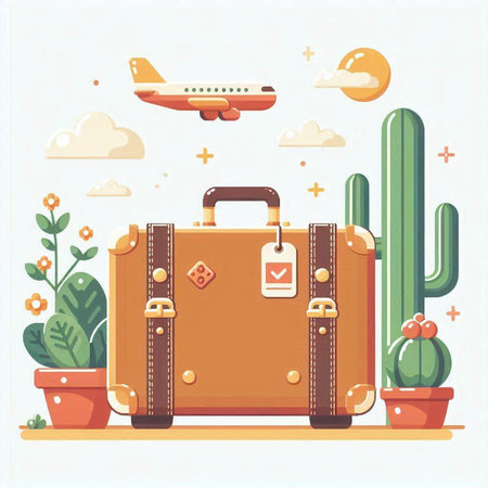 Vector illustration of travel suitcase with airplane and cactus. Flat style.のイラスト素材