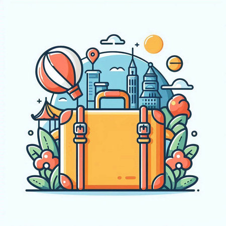 Baggage, travel bag and city landscape. Vector illustration.のイラスト素材