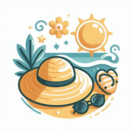Straw hat vector illustration. Cartoon style icon with sun and stars.のイラスト素材