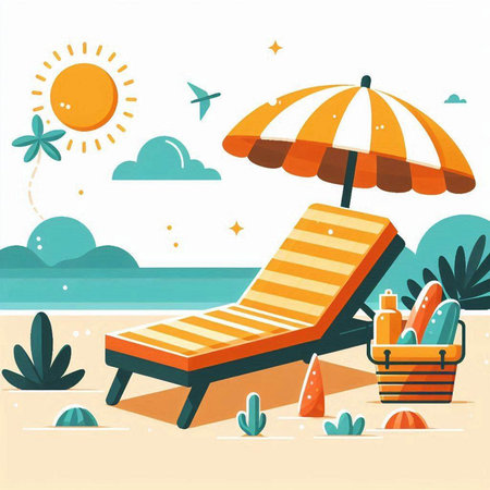 Beach chair with umbrella. Vector illustration in flat cartoon style.のイラスト素材