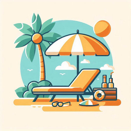Beach with sun lounger, palm tree, sunglasses and cocktail. Vector illustrationのイラスト素材
