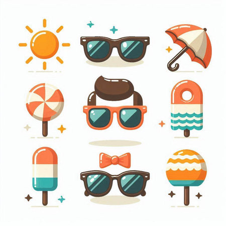 Summer icons set with sunglasses, ice cream, sun, umbrella and other elementsのイラスト素材