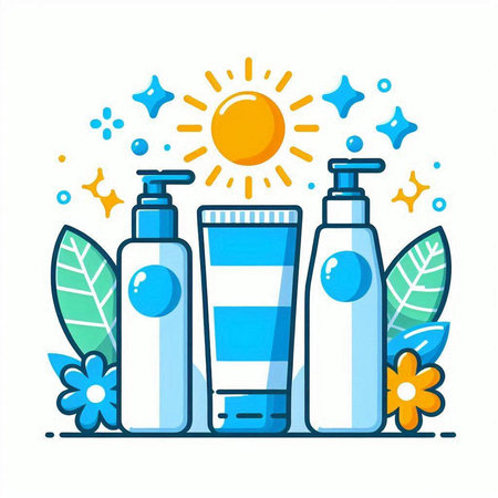Set of cosmetic bottles with sun and flowers. Vector illustration in flat style.のイラスト素材