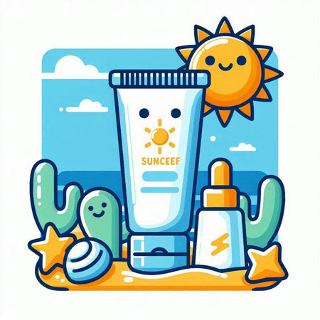 Sunscreen cream bottle on the beach. Vector illustration in flat styleのイラスト素材