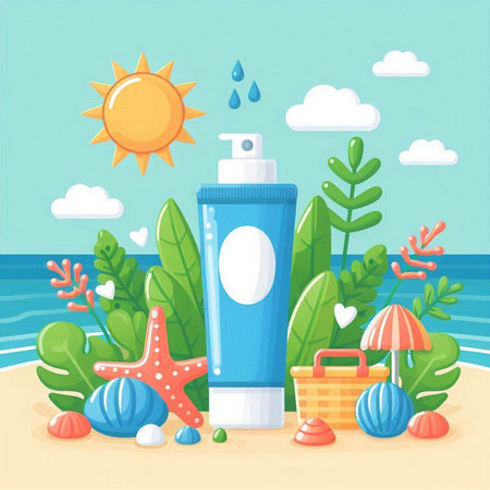 Sunscreen cream on the beach. Vector illustration in cartoon style.のイラスト素材