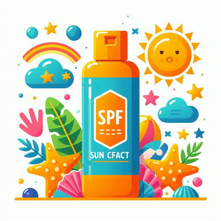 Sunscreen bottle with text SPF, sunblock cream, sea shells, starfish, sun and clouds. Vector illustration.のイラスト素材