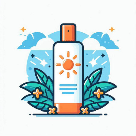 Sunscreen bottle with sunflare and leaves. Vector illustration.のイラスト素材