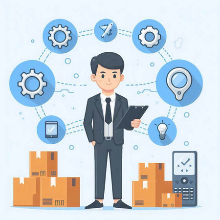 Businessman with tablet, smartphone and boxes. Vector illustration in flat styleのイラスト素材