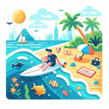 Surfer on the beach in summer. Flat style vector illustration.のイラスト素材