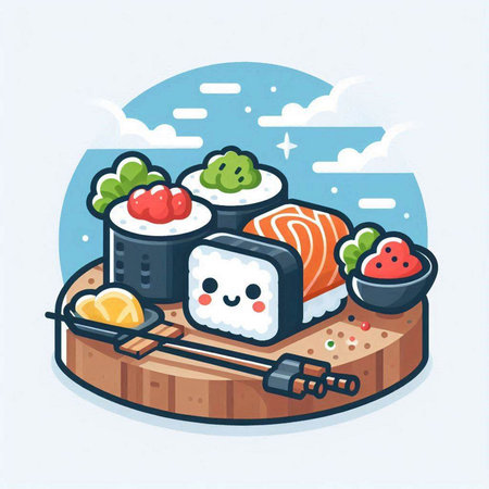 Sushi and rolls on a wooden board. Vector illustration in cartoon style.のイラスト素材