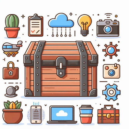 Vector set of icons in the style of flat design. A treasure chest, a camera, a laptop, a cactus, a briefcase, a lamp, a gear.のイラスト素材