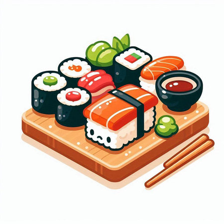Sushi set isolated on white background. Japanese food. Vector illustrationのイラスト素材