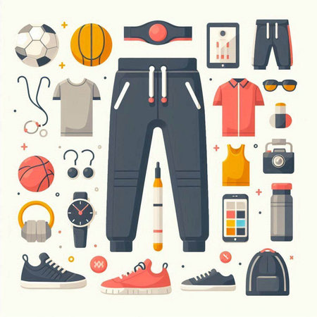 Set of sport equipment and accessories. Vector illustration in flat style.のイラスト素材