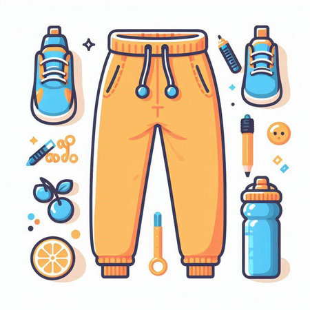 Vector flat color icons set of sportswear, water bottle, shorts, sneakers.のイラスト素材