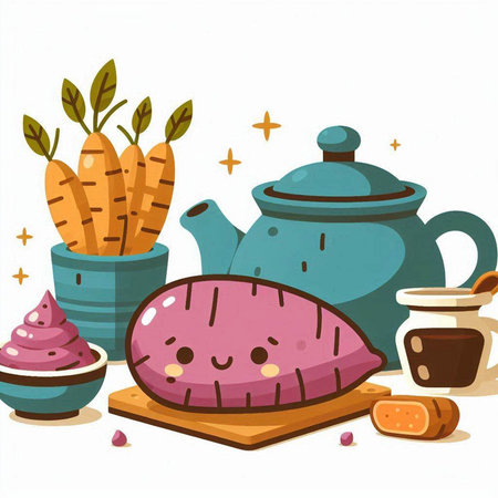 Illustration of a Sweet Potato with Vegetables and Teapotのイラスト素材