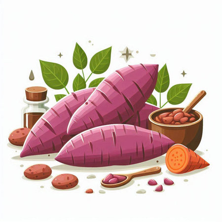 Illustration of sweet potato with ingredients for cooking on a white backgroundのイラスト素材
