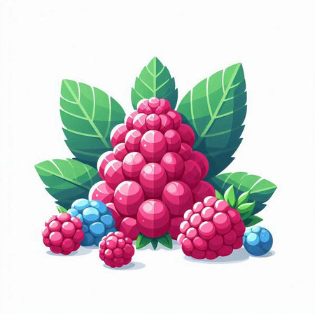 Raspberries and leaves on a white background. Vector illustration.のイラスト素材